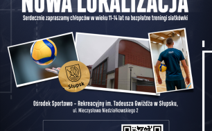 Plakat złożony z trzech zdjęć z piłką siatkową, halą i trenera.